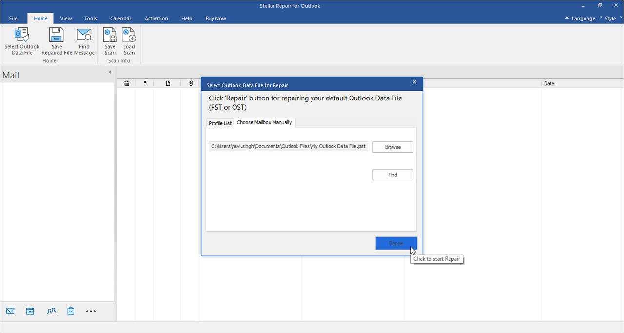 Use 'Find' if you don't know the PST file's location. The software hunts for .pst files across folders in the chosen drive. Pick your PST file and hit 'Repair'.